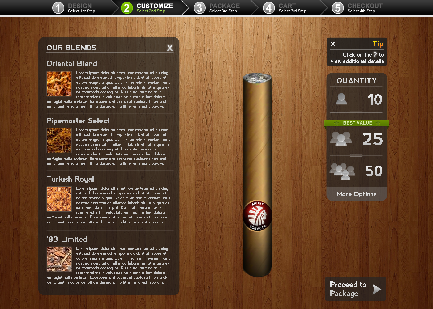 Custom Tobacco UX Blend Information Screen